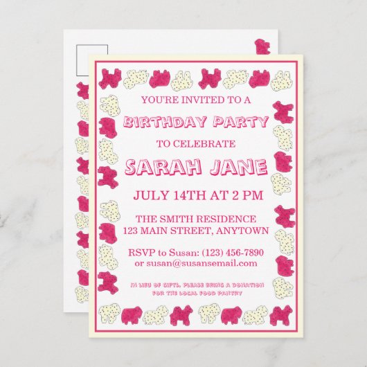 ピンクアニマルクラッカークッキーサーカスバースデーパーティー インビテーションポストカード (正面/裏面)