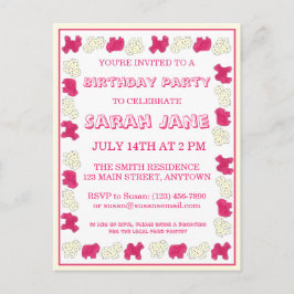 ピンクアニマルクラッカークッキーサーカスバースデーパーティー インビテーションポストカード