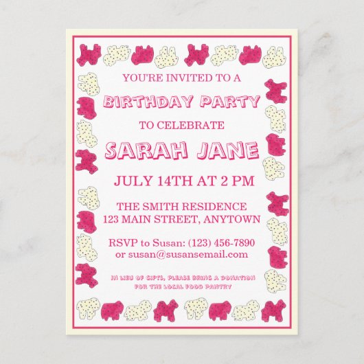 ピンクアニマルクラッカークッキーサーカスバースデーパーティー インビテーションポストカード (正面)