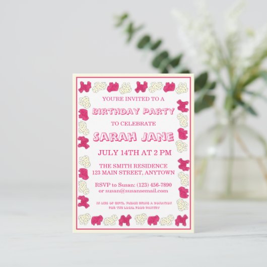 ピンクアニマルクラッカークッキーサーカスバースデーパーティー インビテーションポストカード (スタンド正面)