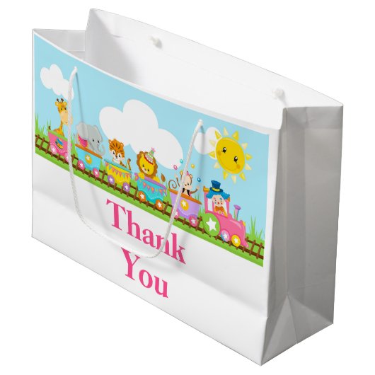 ピンクアニマルサーカストレイン子供の誕生日ありがとう ラージペーパーバッグ (正面アングル)