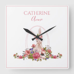 ピンクアニマルバニーフローラガーリー名 スクエア壁時計
