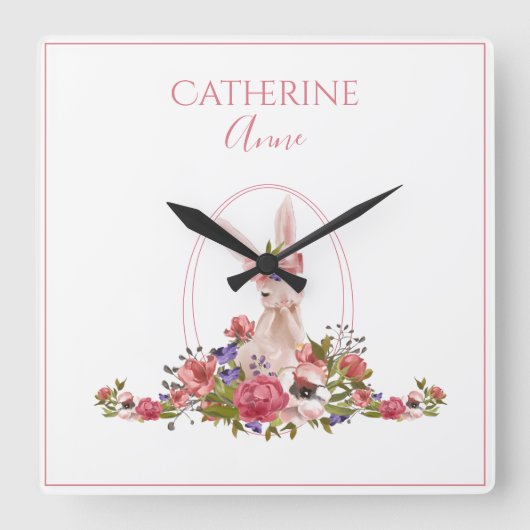 ピンクアニマルバニーフローラガーリー名 スクエア壁時計 (正面)