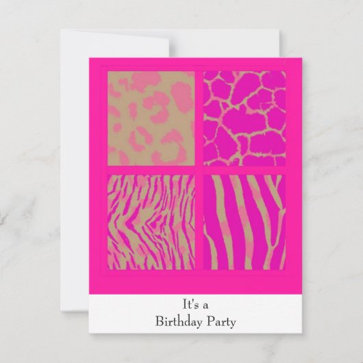 ピンクアニマルプリント誕生日招待状 招待状 (正面)