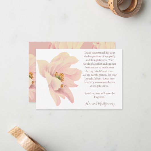 ピンクアネモネ葬儀サンキューカード、悔やみや弔慰 ノートカード (正面/裏面インサイチュ)