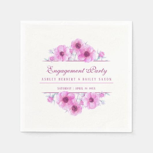 ピンクアネモンフローラ水彩婚約 スタンダードカクテルナプキン (正面)