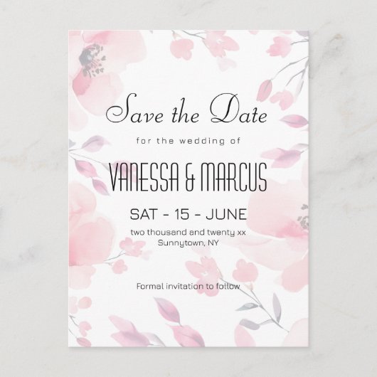 ピンクアネモンフローラ結婚式の日付を保存 インビテーションポストカード (正面)
