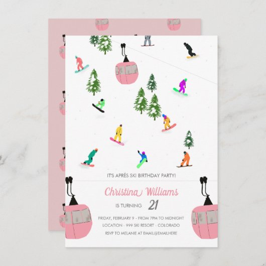 ピンクアパートスノーボードスノーボード誕生日 招待状 (正面/裏面)