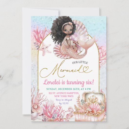 ピンクアフリカンシーマーメイド誕生日ガール招待状 招待状 (正面)