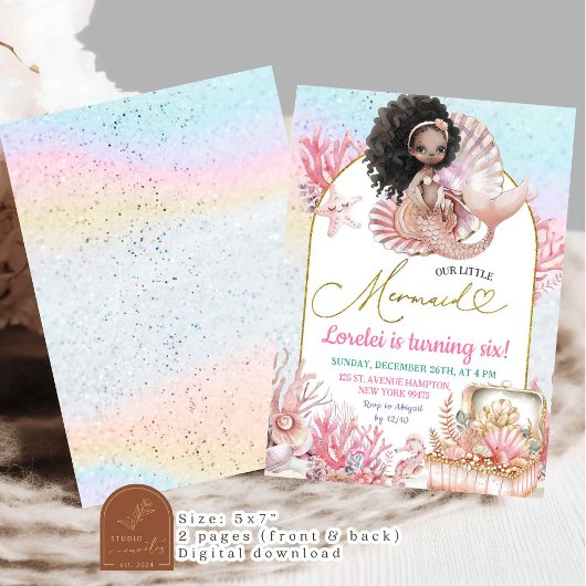 ピンクアフリカンシーマーメイド誕生日ガール招待状 招待状