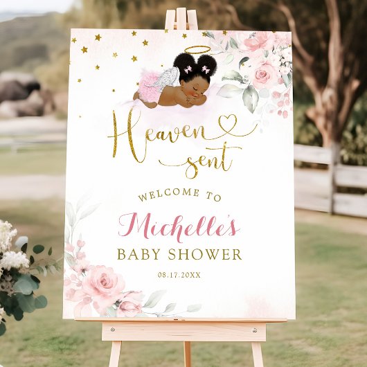 ピンクアフロエンジェルベビー天国がウェルカムサインを送信 ポスター