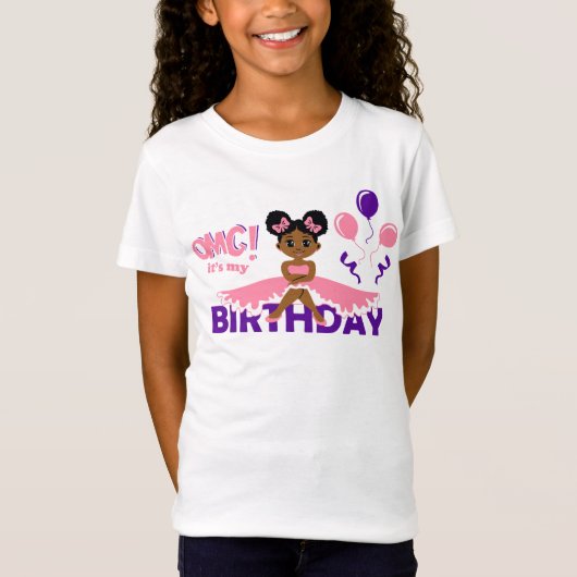 ピンクアフロパフ誕生日ガールシャツ Tシャツ (正面)