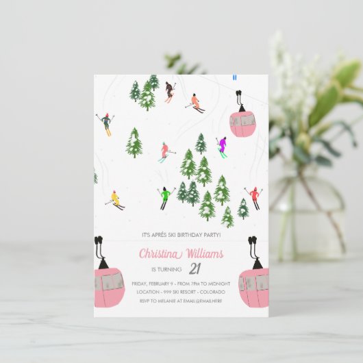 ピンクアペレススキースキー誕生日 招待状 (スタンド正面)