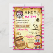 ピンクアホイトレジャーマップガールズパイレーツ誕生日 招待状 (正面)