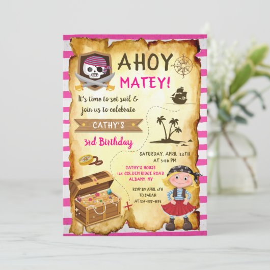 ピンクアホイトレジャーマップガールズパイレーツ誕生日 招待状 (スタンド正面)