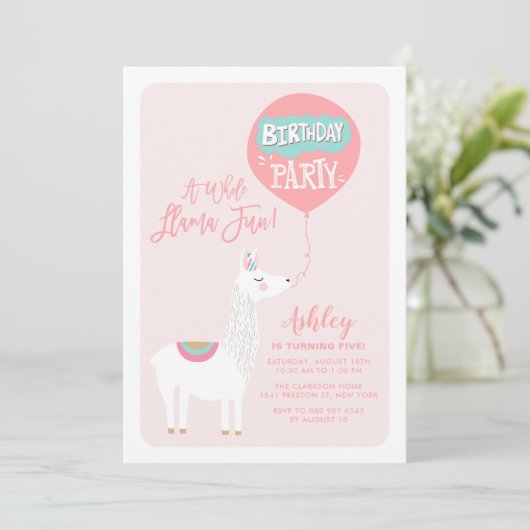ピンクアホールラマおもしろい子供の誕生日招待状 招待状 (スタンド正面)