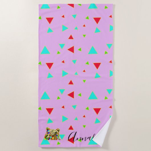 ピンクアポップ・アートのート名前をカスタムする ビーチタオル (正面)