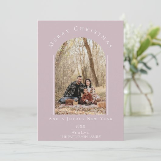 ピンクアモダンーチフレームホリデーフォトカード シーズンカード (スタンド正面)