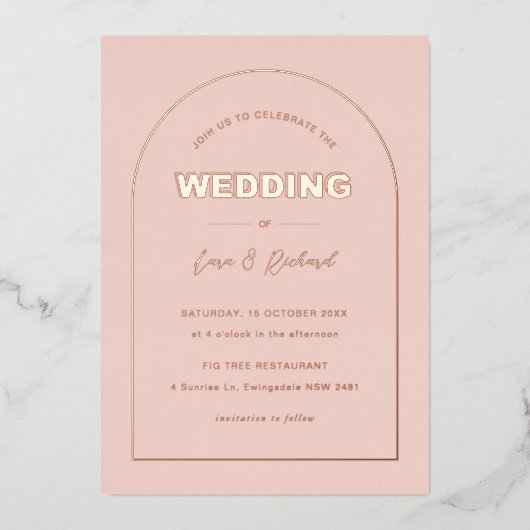 ピンクアモダンーチ型はっきりした文字結婚ズ 箔招待状 (正面)