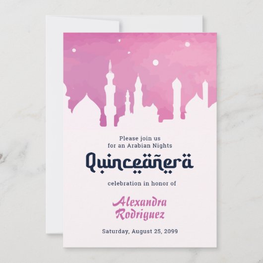 ピンクアラビアンナイトウォーターカラーキンセアニラ 招待状 (正面)
