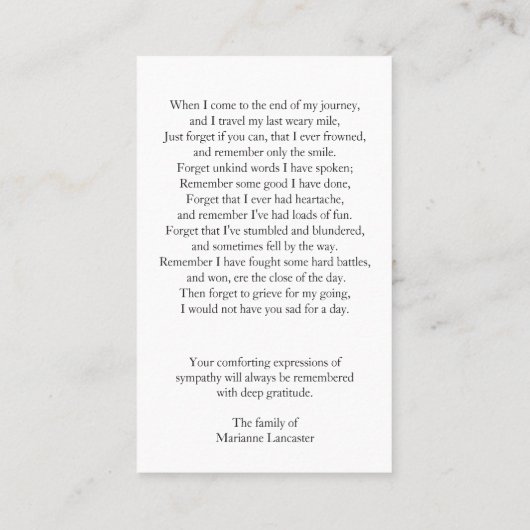 ピンクアラムリリー|追悼式祈りの言葉カード 名刺 (裏面)