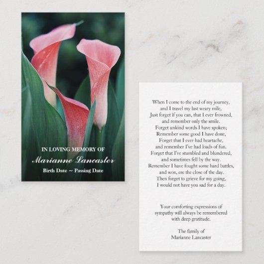 ピンクアラムリリー|追悼式祈りの言葉カード 名刺 (正面/裏面)