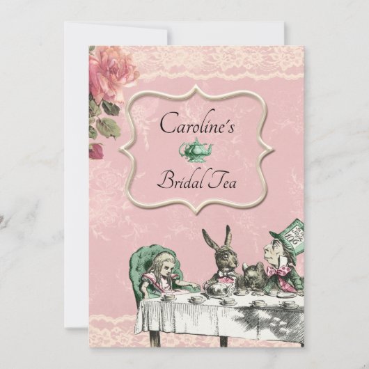 ピンクアリスワンダーランドティーパーティーブライダルシャワー 招待状 (正面)