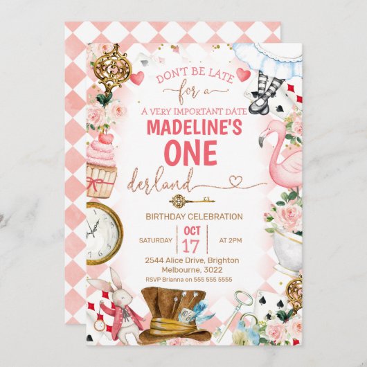 ピンクアリスinオネダーランド1歳の招待状 招待状 (正面/裏面)