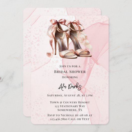 ピンクアルコールインクハイヒールシューズブライダルシャワー 招待状 (正面/裏面)
