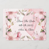 ピンクアルコールインクフローラ結婚式日付カードを保存 招待状 (正面/裏面)