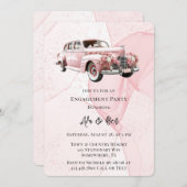 ピンクアルコールフローラヴィンテージカー婚約パーティ 招待状 (正面/裏面)