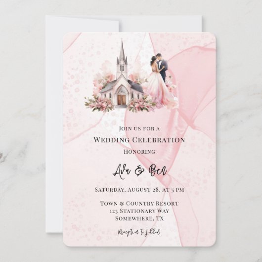 ピンクアルコールフローラ結婚教会のお祝い 招待状 (正面)