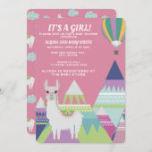 ピンクアルパカバルーンベビーガールシャワー 招待状 (正面/裏面)