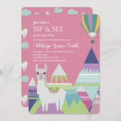 ピンクアルパカバルーンベビーガール園見るベビーシャワー 招待状 (正面/裏面)