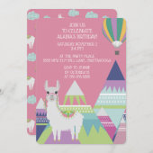 ピンクアルパカバルーン小さな女の子誕生日 招待状 (正面/裏面)