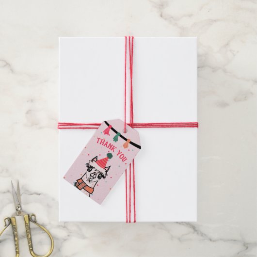 ピンクアルパカフィエスタ誕生日 ギフトタグ (より糸付き)