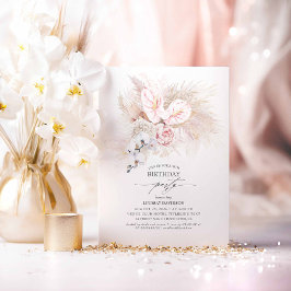 ピンクアンスリウムとパンパスグラスバースデーパーティー 招待状