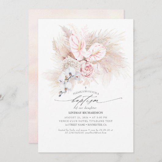 ピンクアンスリウムとパンパスグラスフローラバプテスマ 招待状 (正面/裏面)