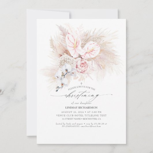 ピンクアンスリウム&パンパスグラスフローラ《キリスト教》洗礼式や命名式 招待状 (正面)