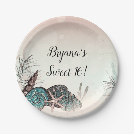 ピンクアンダーザシーシェルビーチスウィート16パーティー ペーパープレート (正面)