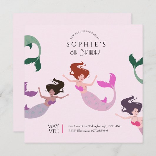 ピンクアンダーザシーマーメイド誕生日 招待状 (正面/裏面)