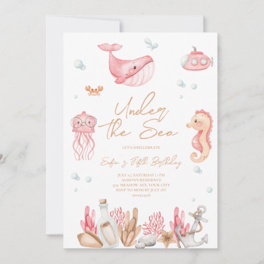 ピンクアンダーザシー誕生日招待状 招待状 (正面)