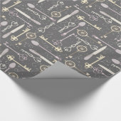 ピンクアンティークヴィンテージスプーンと鍵オングレー ラッピングペーパー (角)