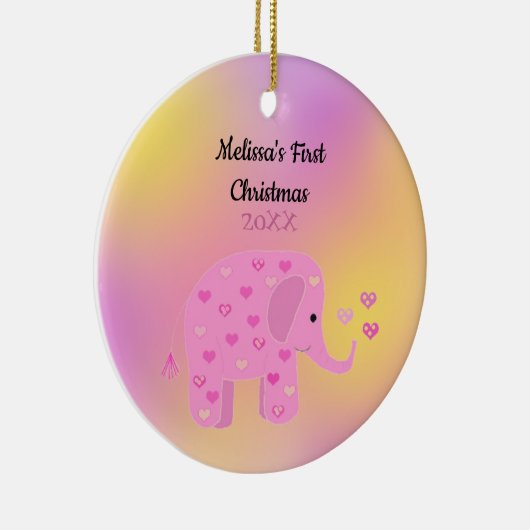 ピンクアンドイエローエレファントベビー初めてのクリスマス セラミックオーナメント (右)