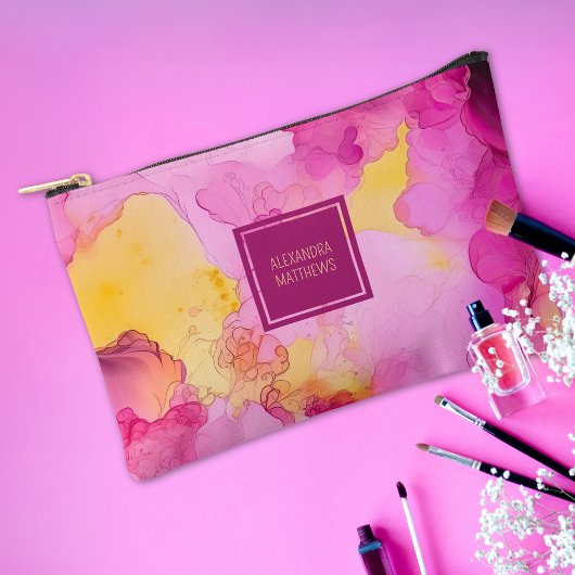 ピンクアンドイエローマーブル名前をカスタムする アクセサリーポーチ