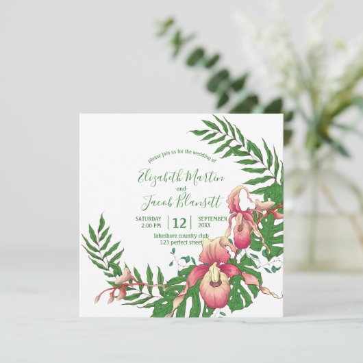 ピンクアンドイエローレディースリッパーオーキッドリース結婚ズ 招待状 (スタンド正面)