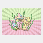 ピンクアンドイエローレトロポップ・アートのアートキノコ誕生日 ラッピングペーパーシート (正面)