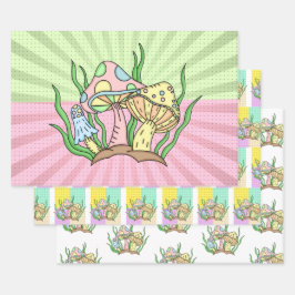 ピンクアンドイエローレトロポップ・アートのアートキノコ誕生日 ラッピングペーパーシート