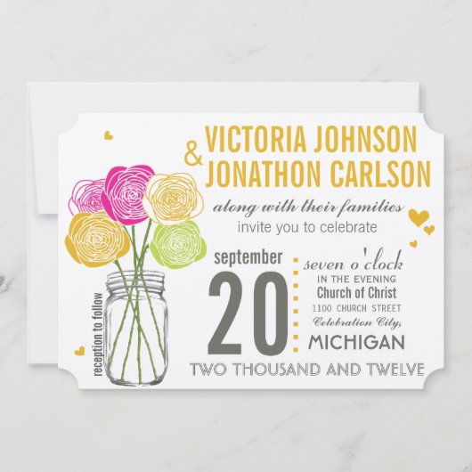 ピンクアンドイエローローズモダンタイポグラフィ結婚ズ 招待状 (正面)