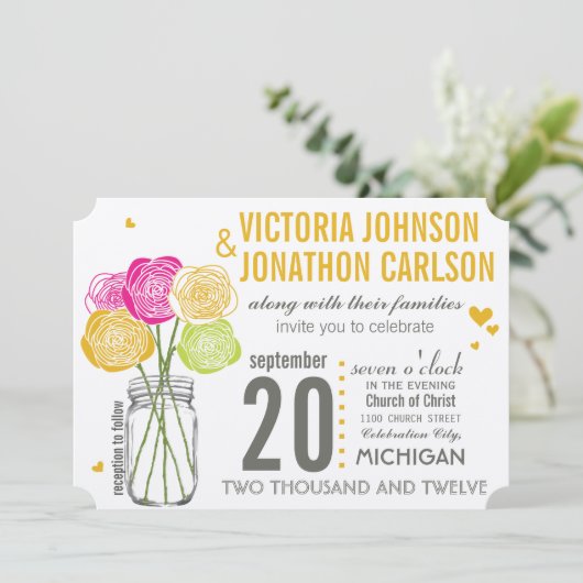 ピンクアンドイエローローズモダンタイポグラフィ結婚ズ 招待状 (スタンド正面)